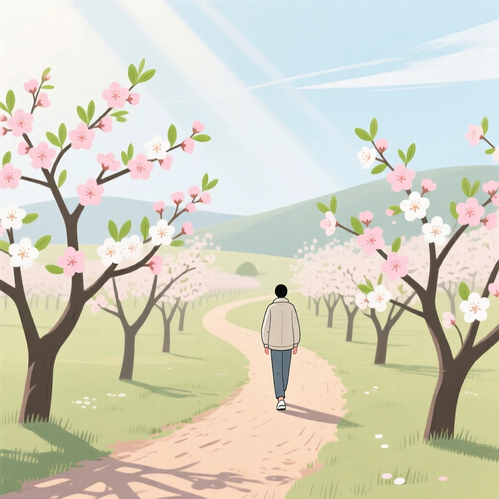 A spring scene of a quiet morning walk in an orchard.