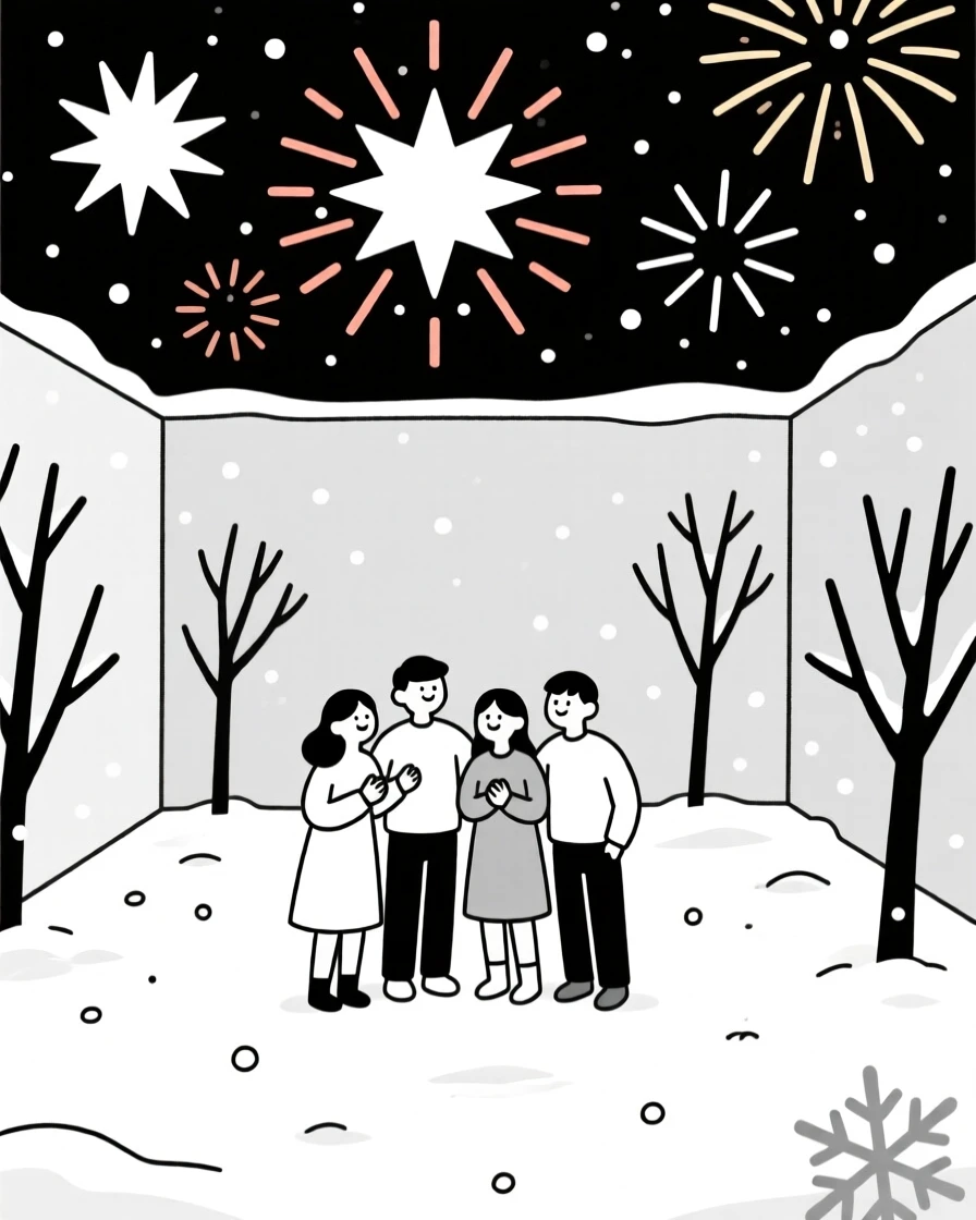 Friends gathered for a block party in a snow-dusted courtyard, surrounded by bursts of fireworks, radiating joyful celebration.