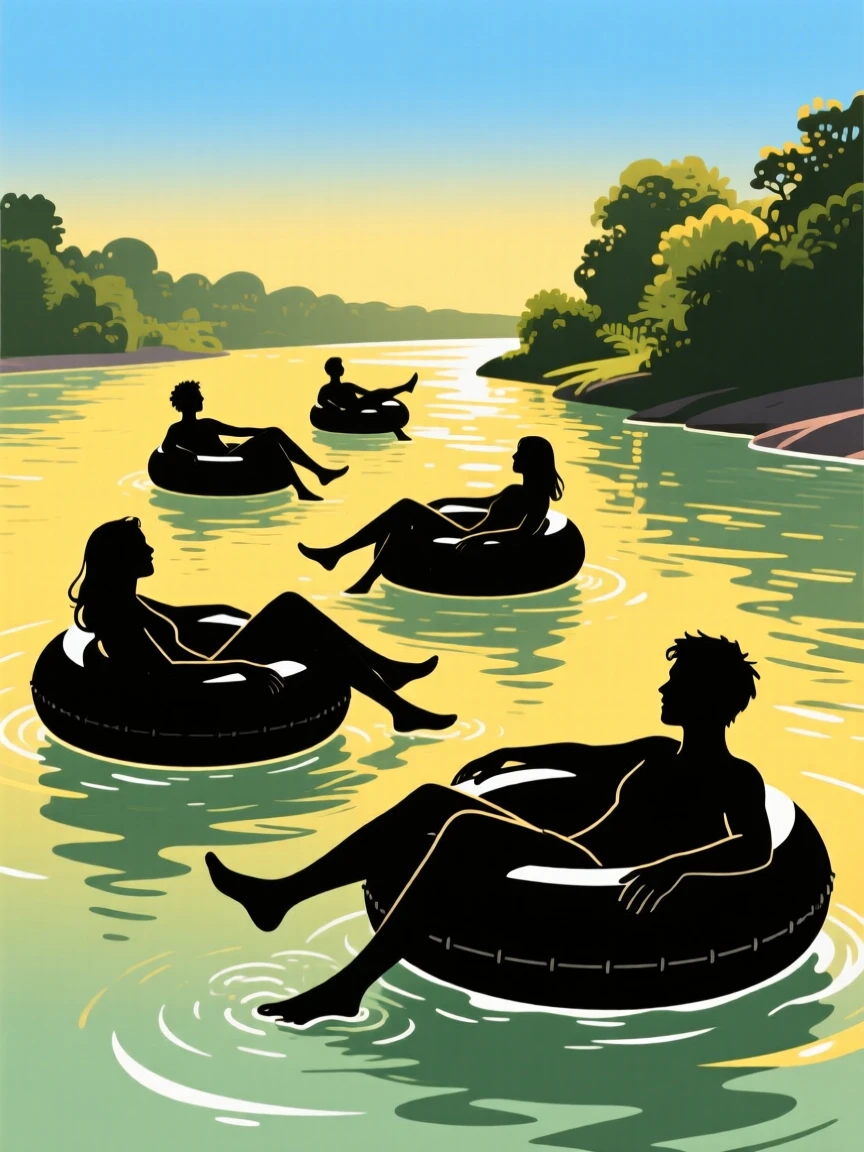 A group of friends floating down a lazy river on inflatable tubes.
