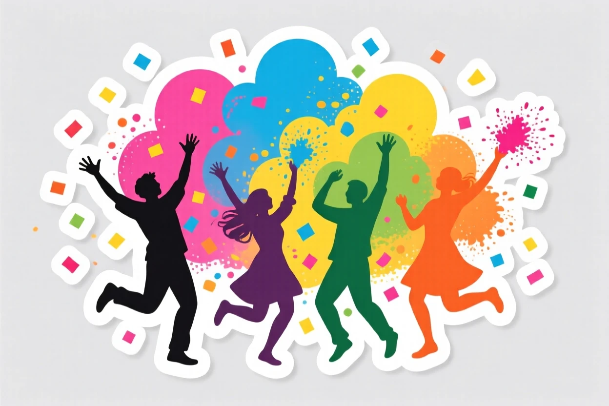 A spirited and joyful colorful powder celebration for Holi festival, surrounded by falling confetti, during a beloved yearly tradition.