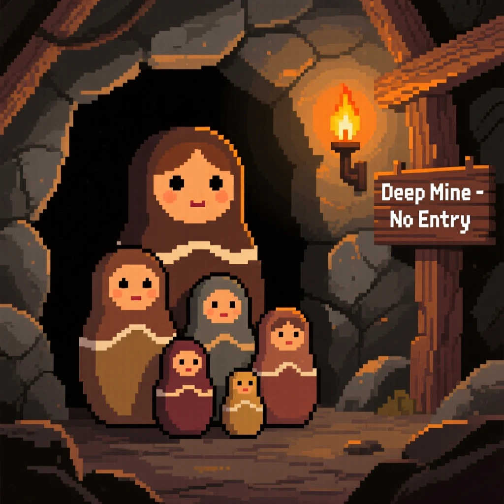 A set of nesting dolls each with a different face found deep within an abandoned mine, within a cave lit by torchlight.