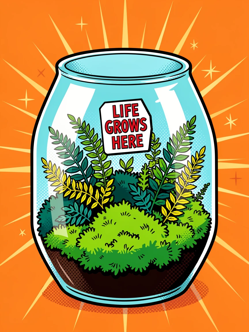 A glass terrarium filled with moss and tiny ferns