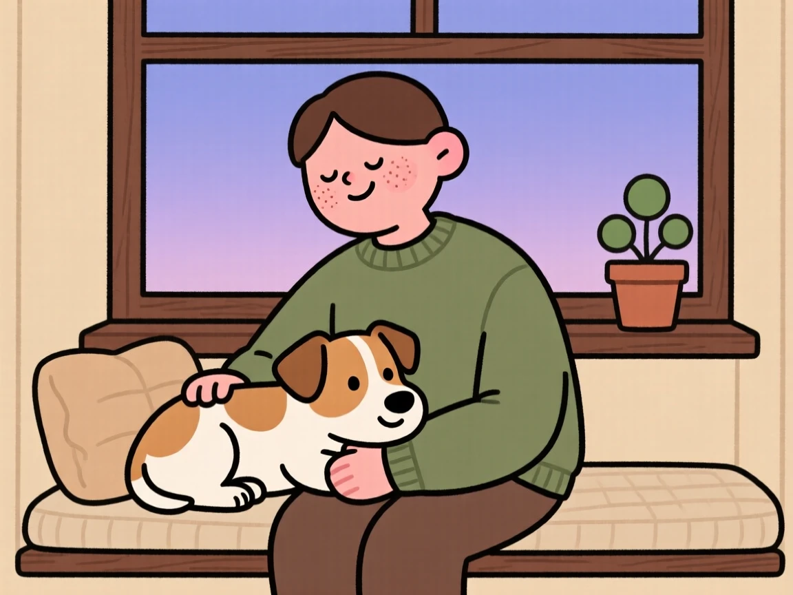 A small terrier rests its head on its owner's lap during a quiet evening on the window seat, both perfectly content.