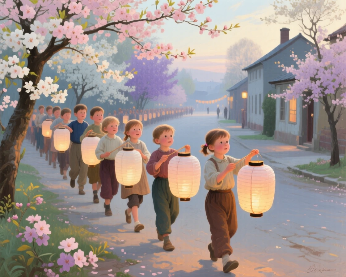 A centered composition of children carrying paper lanterns during an evening festival procession, at midday, as spring blossoms open.