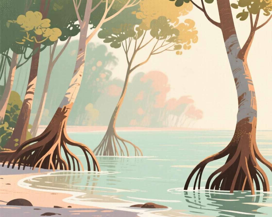 A mangrove forest with roots reaching into calm coastal water