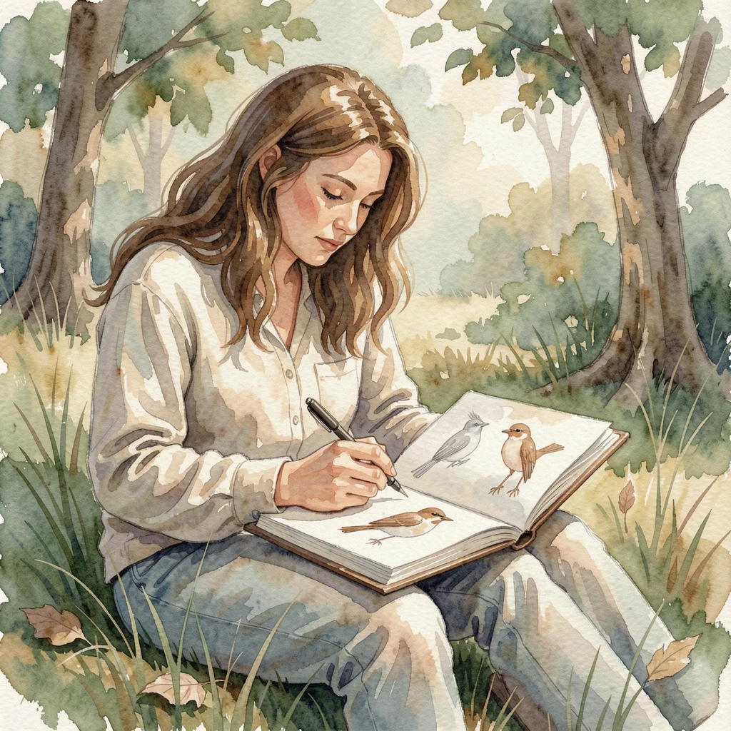A woman sketching birds in a nature journal with focused, peaceful concentration.