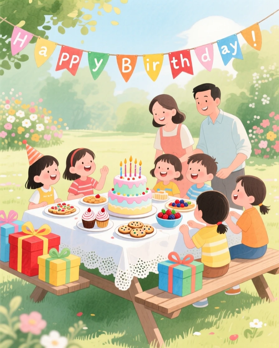 A joyful scene of a birthday party in the garden, with gifts and treats wrapped in bright paper, capturing the warmth of the celebration