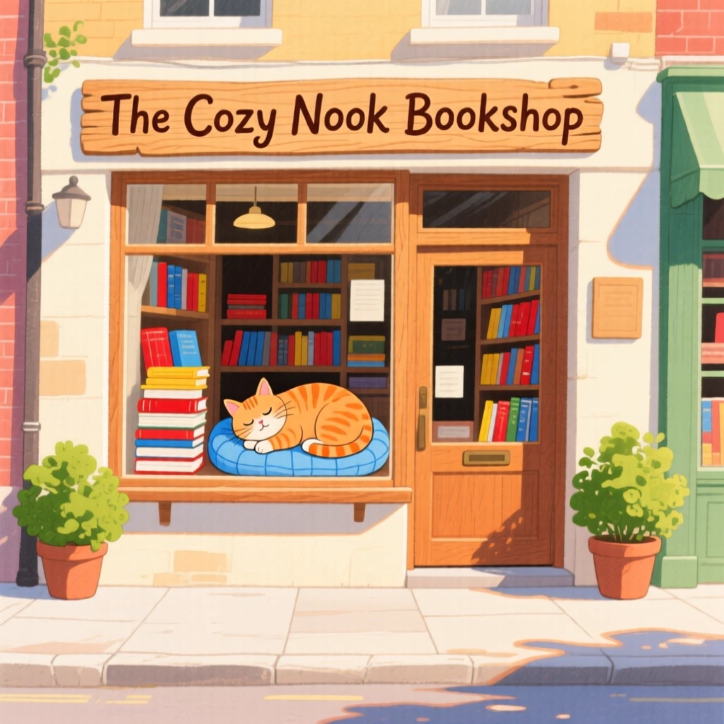 A small bookshop with a sleeping cat in the window, warm and inviting on a quiet afternoon.