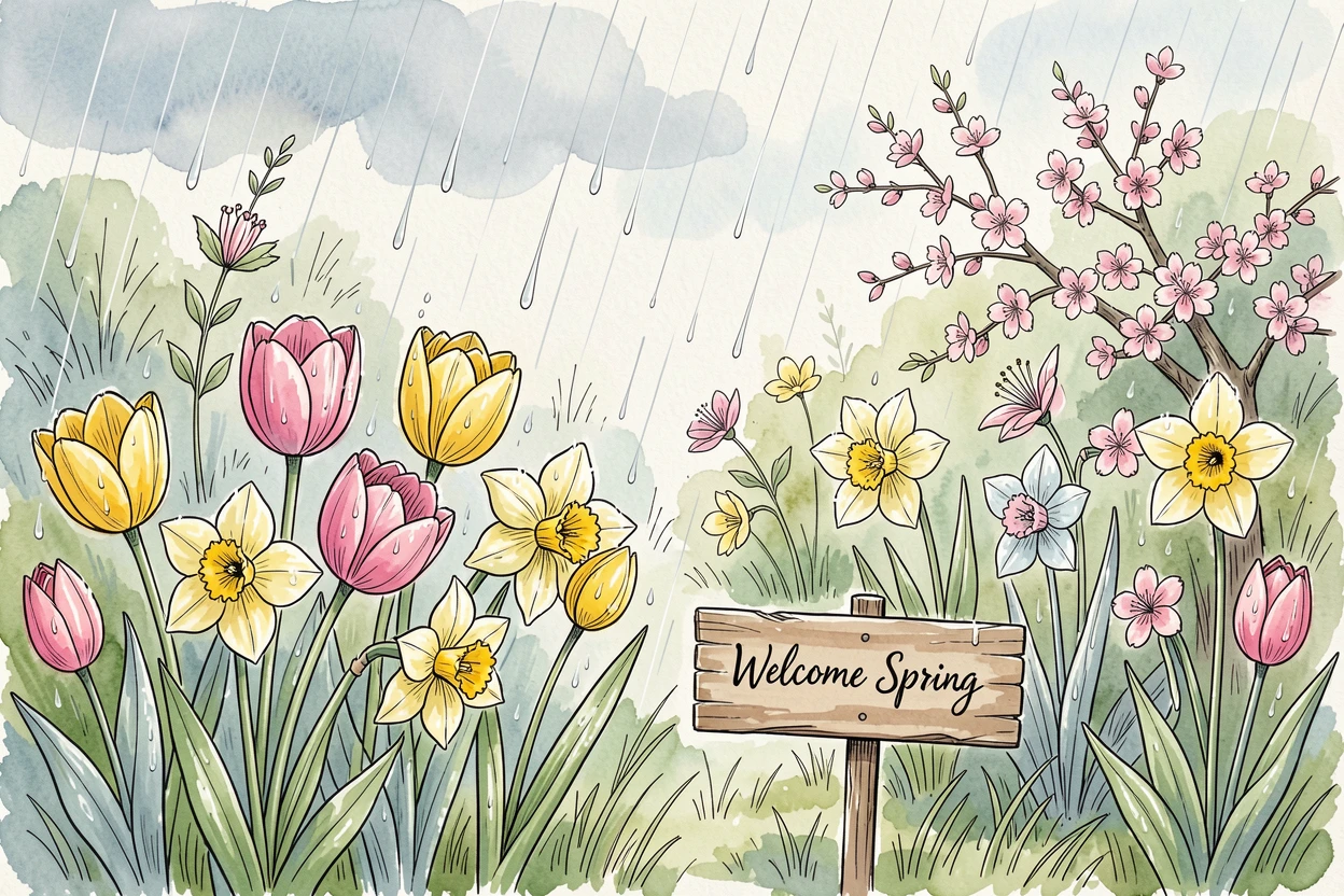 A spring rain shower over a garden bursting with fresh blooms, a festive warmth filling the entire scene.