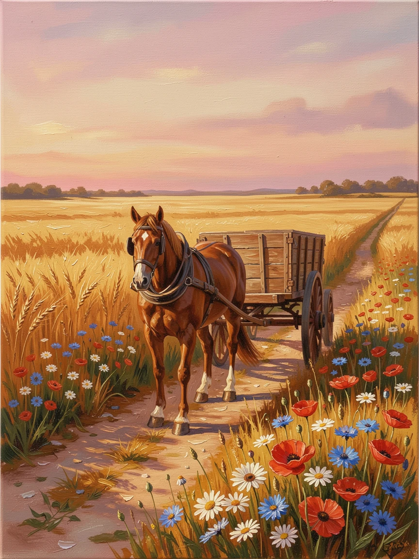 A patchwork of golden wheat fields, a horse-drawn cart trundling down the country lane, beside a narrow dirt lane lined with wildflowers, at golden hour, the fields glowing amber.