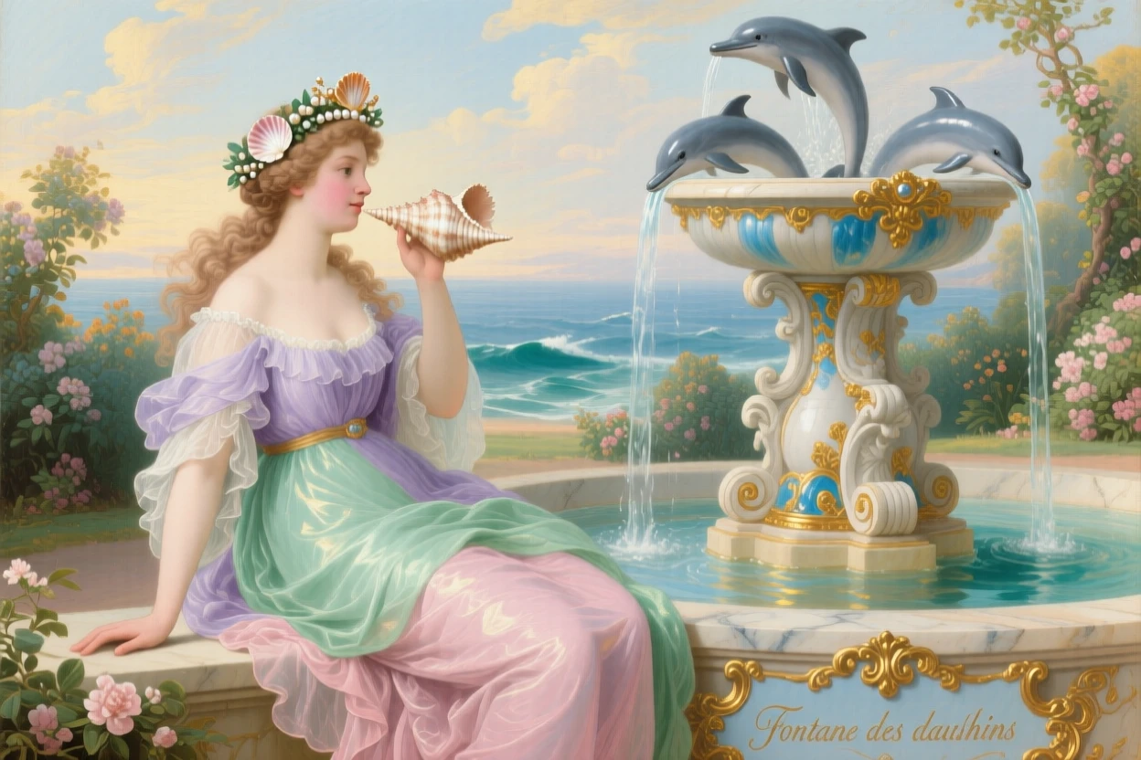 A woman representing the sea, crowned with shells beside a fountain of dolphins  