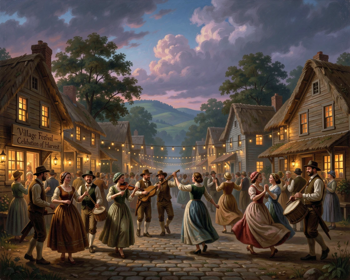 A village festival fills the square with music and dancing at dusk.