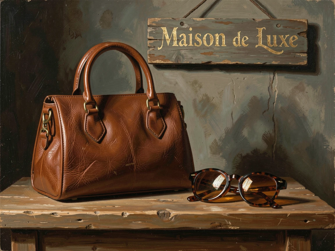 A luxury handbag displayed elegantly beside a pair of sunglasses, arranged with careful, deliberate elegance, radiating warmth, richness, and understated opulence