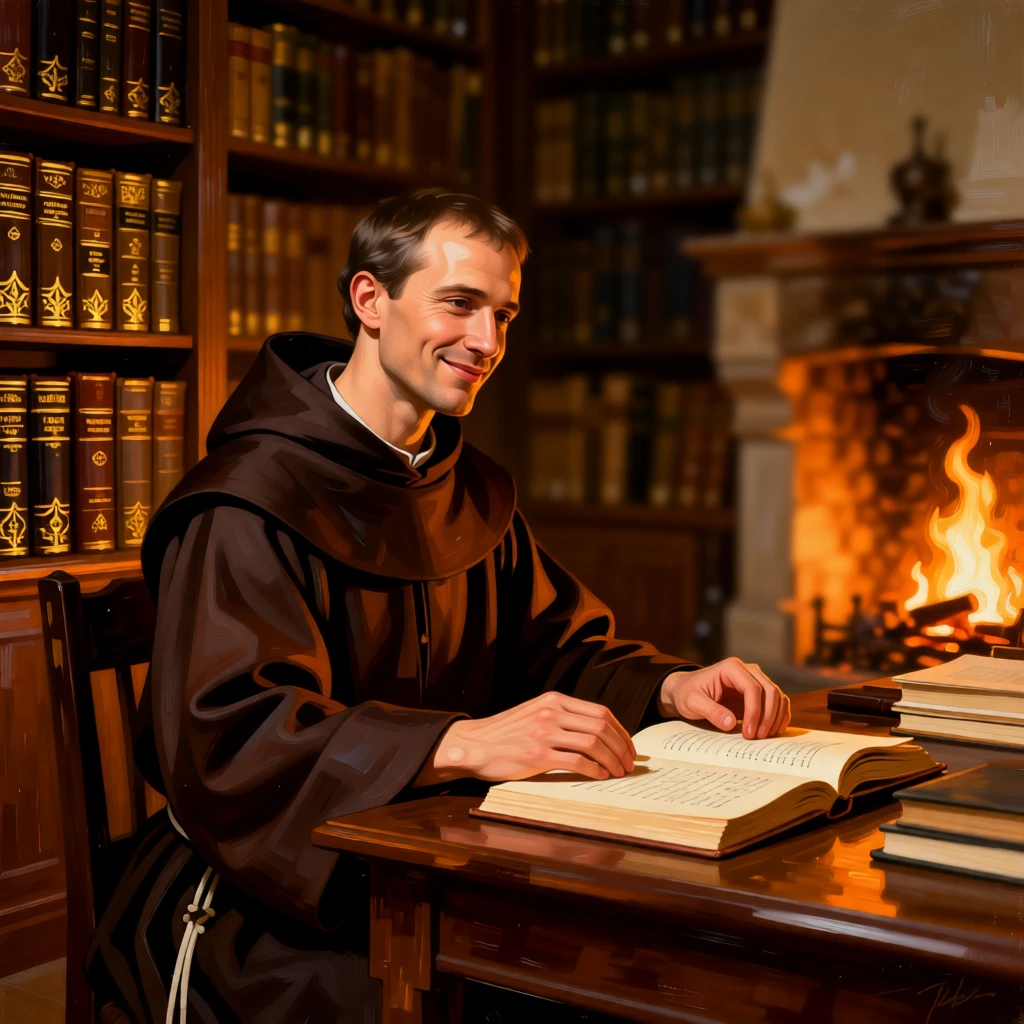 A monk illuminating a manuscript in a quiet scriptorium pausing as if interrupted by an unseen presence, set within a book-lined study warmed by a crackling fire, with a faint, knowing smile just touching the corner of the mouth; soft background blur isolates the sitter as the clear focal point, suggesting a private world just glimpsed by the viewer.