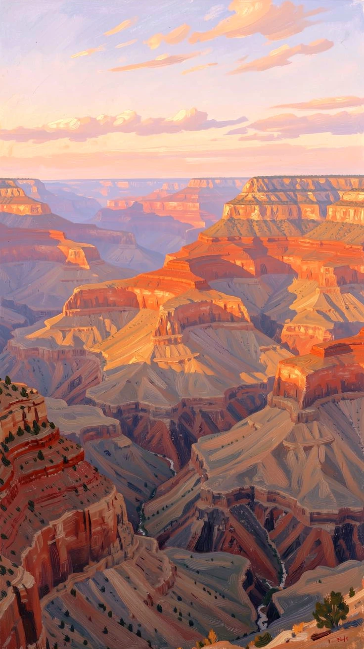 A sweeping vista of the Grand Canyon at sunset, layered rock strata glowing in shades of red and gold, in the gentle hush of early morning, inspiring awe at the beauty of the scene.