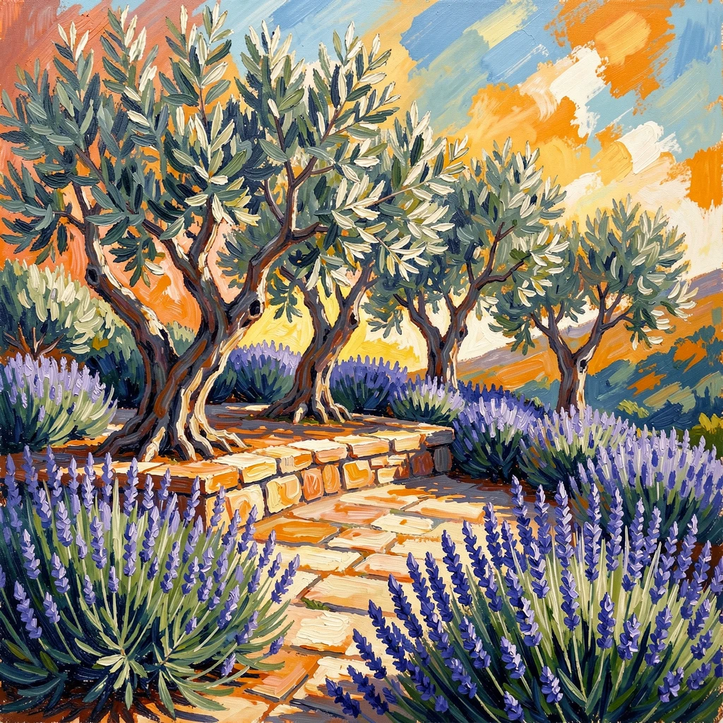 A hillside garden terrace with olive trees and blooming rosemary hedges.