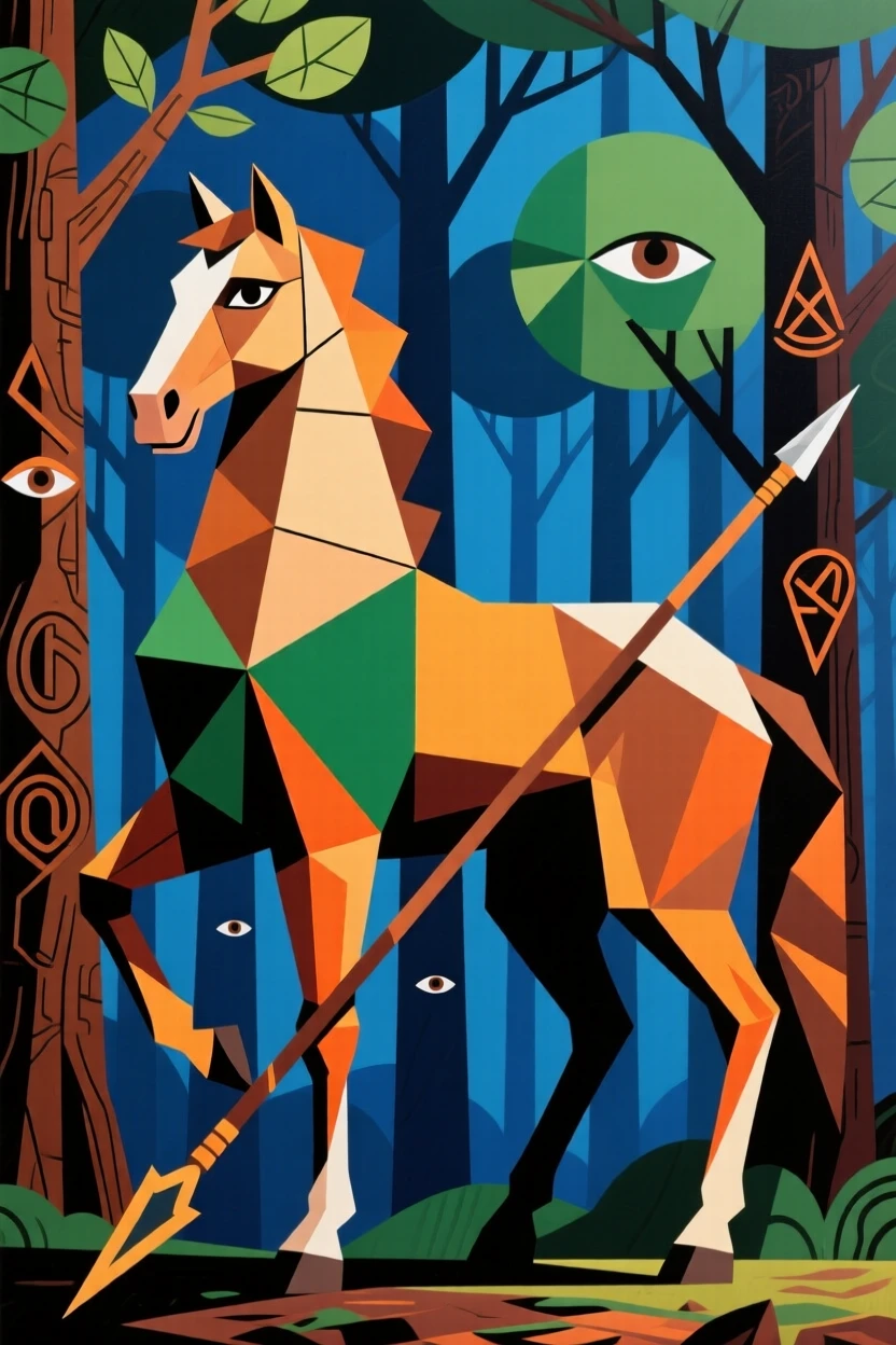 A centaur standing guard at the edge of an ancient enchanted forest.