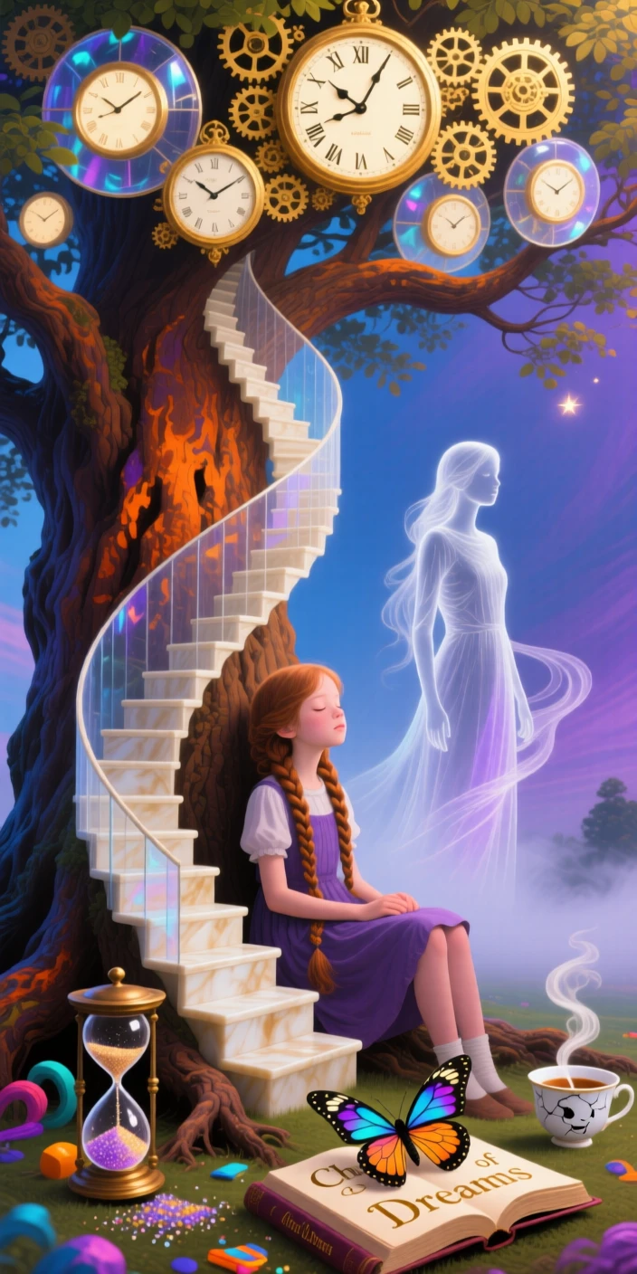 A girl whose braided hair becomes a winding staircase sits beneath a tree whose leaves are made of clock faces, while a second, ghostly version of them lingers behind.