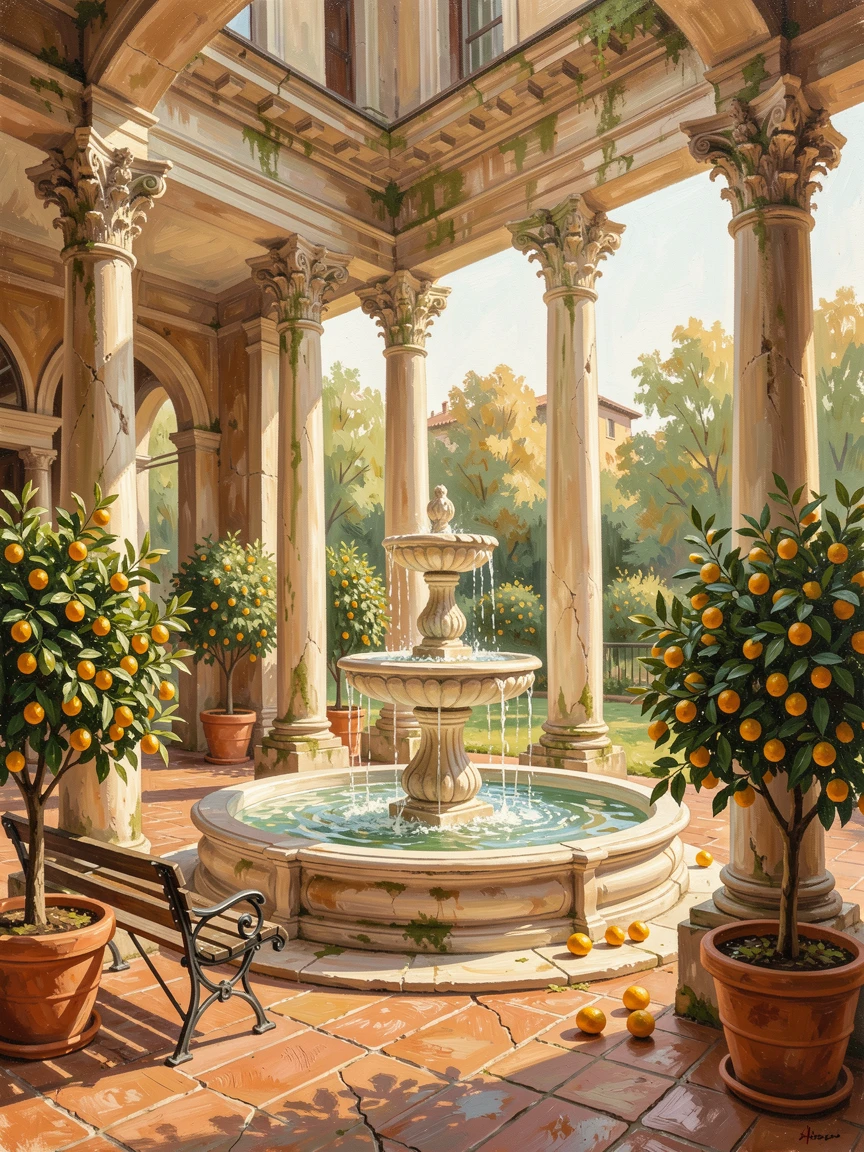 A grand Italian palazzo courtyard shows a central fountain surrounded by potted citrus trees, ornate columns framing views of a sunlit garden, the composition balancing grand scale with intimate, human-sized details throughout the frame.