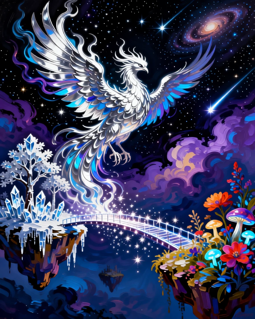a phoenix reborn from silver flame crossing a bridge of starlight between two floating islands
