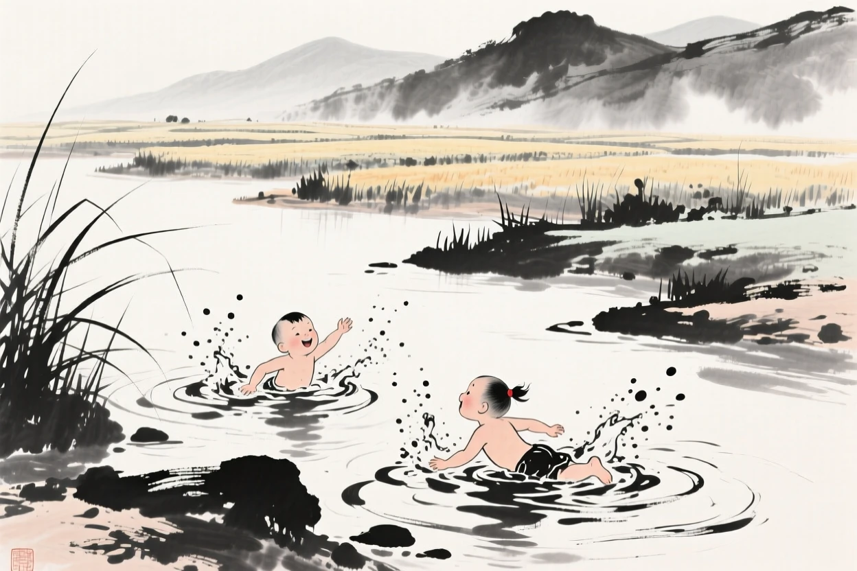 Children swim in a cool mountain stream on a hot afternoon, as heat shimmers faintly above the fields.