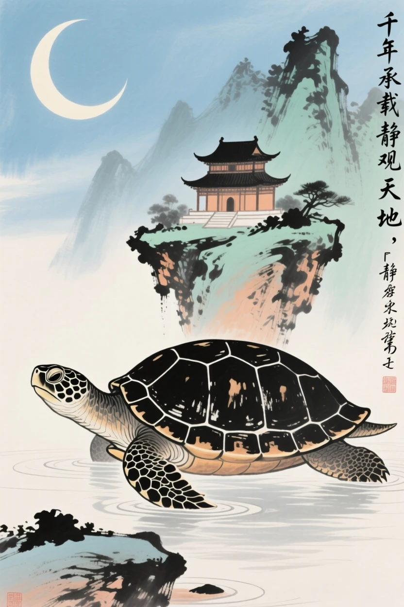 An ancient turtle bearing a floating mountain temple on its back, beneath a crescent moon, imbued with timeless calm.