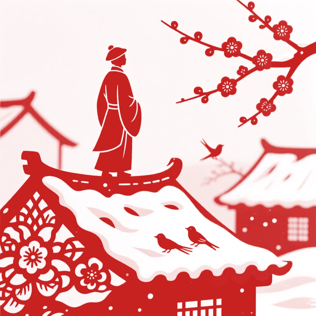 A Winter scene of a snow-covered village rooftop, a lone figure pausing to take in the view.
