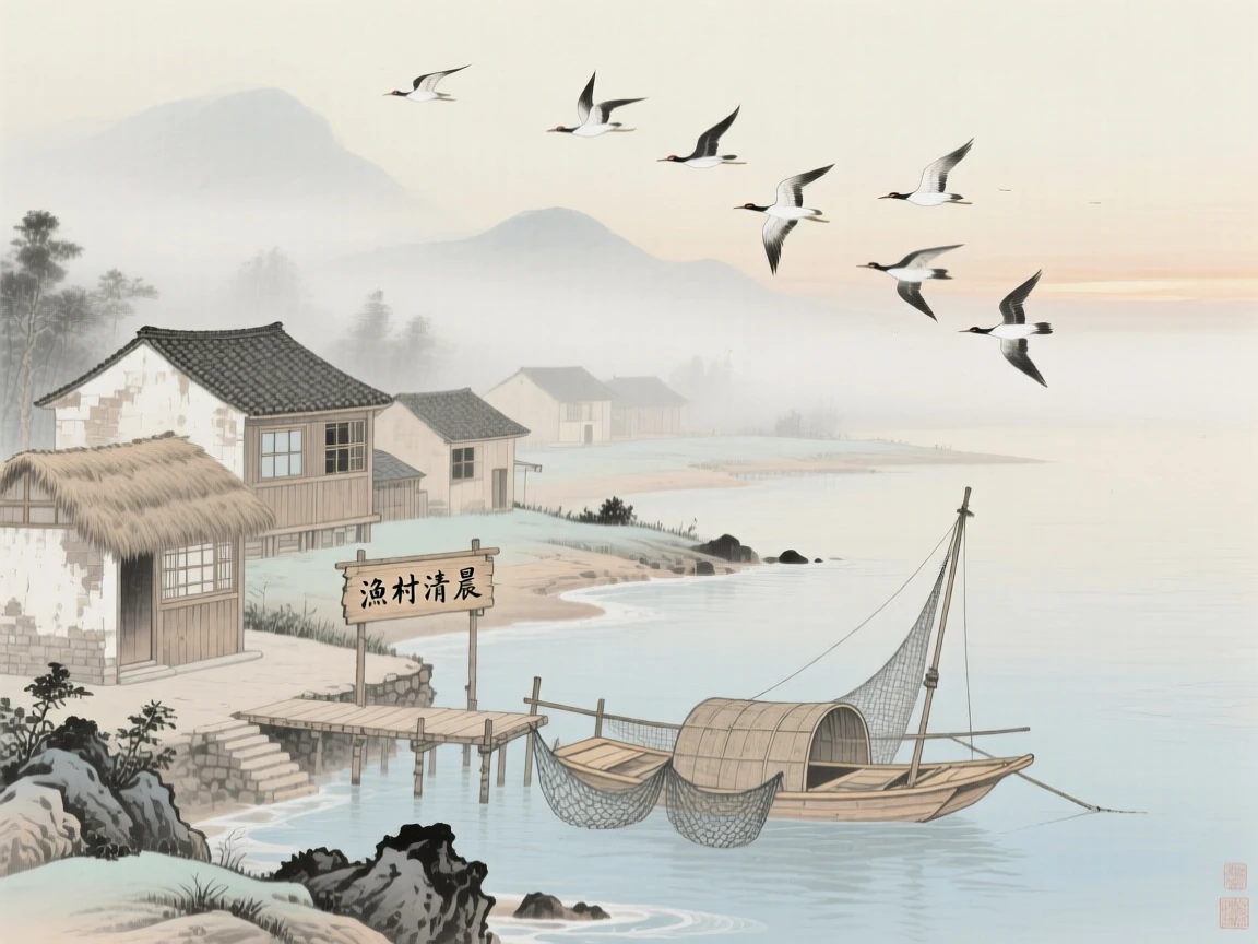 A quiet fishing village along a foggy coastline, with a flock of birds crossing the pale morning sky