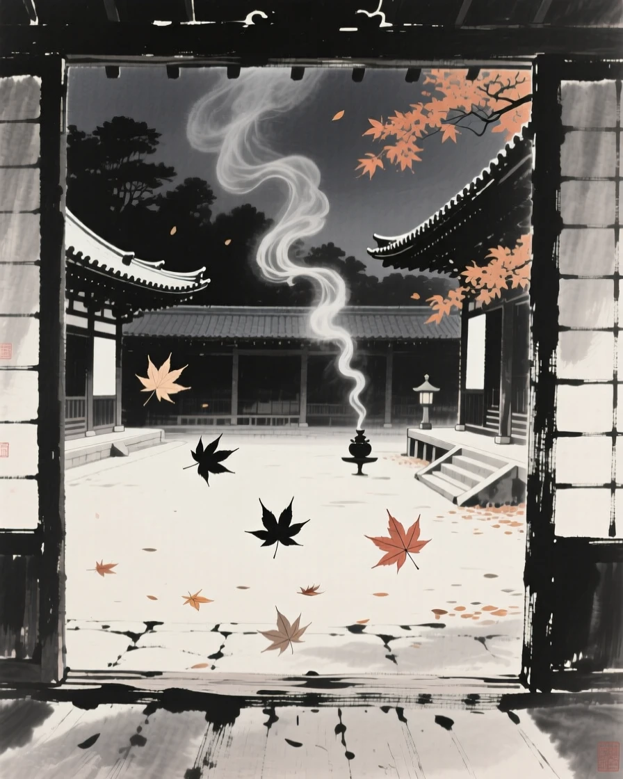An autumn evening with drifting maple leaves and rising smoke within a quiet temple courtyard, framed to capture both intimate detail and the wider atmosphere, carrying a joyful yet peaceful atmosphere.