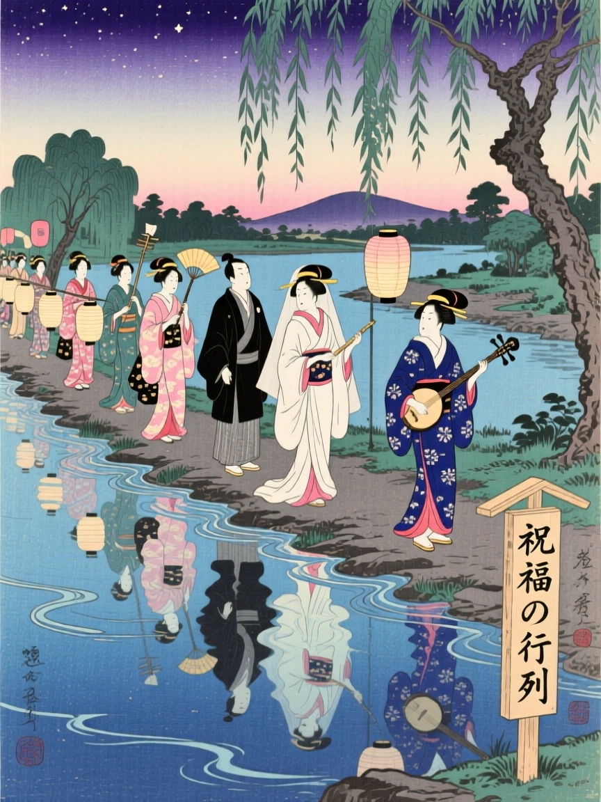 A wedding procession reflected shimmering in calm evening water.