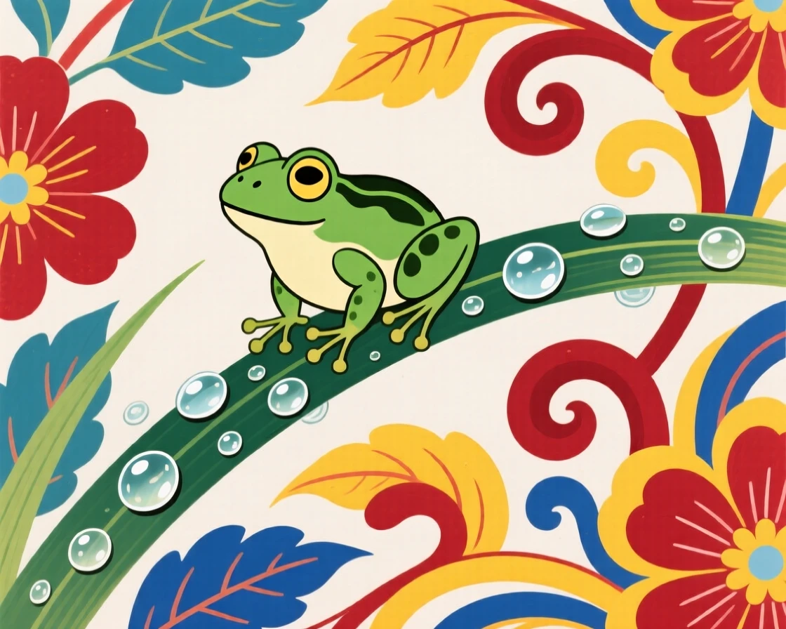 A small green frog perched on a dew-covered blade of grass.