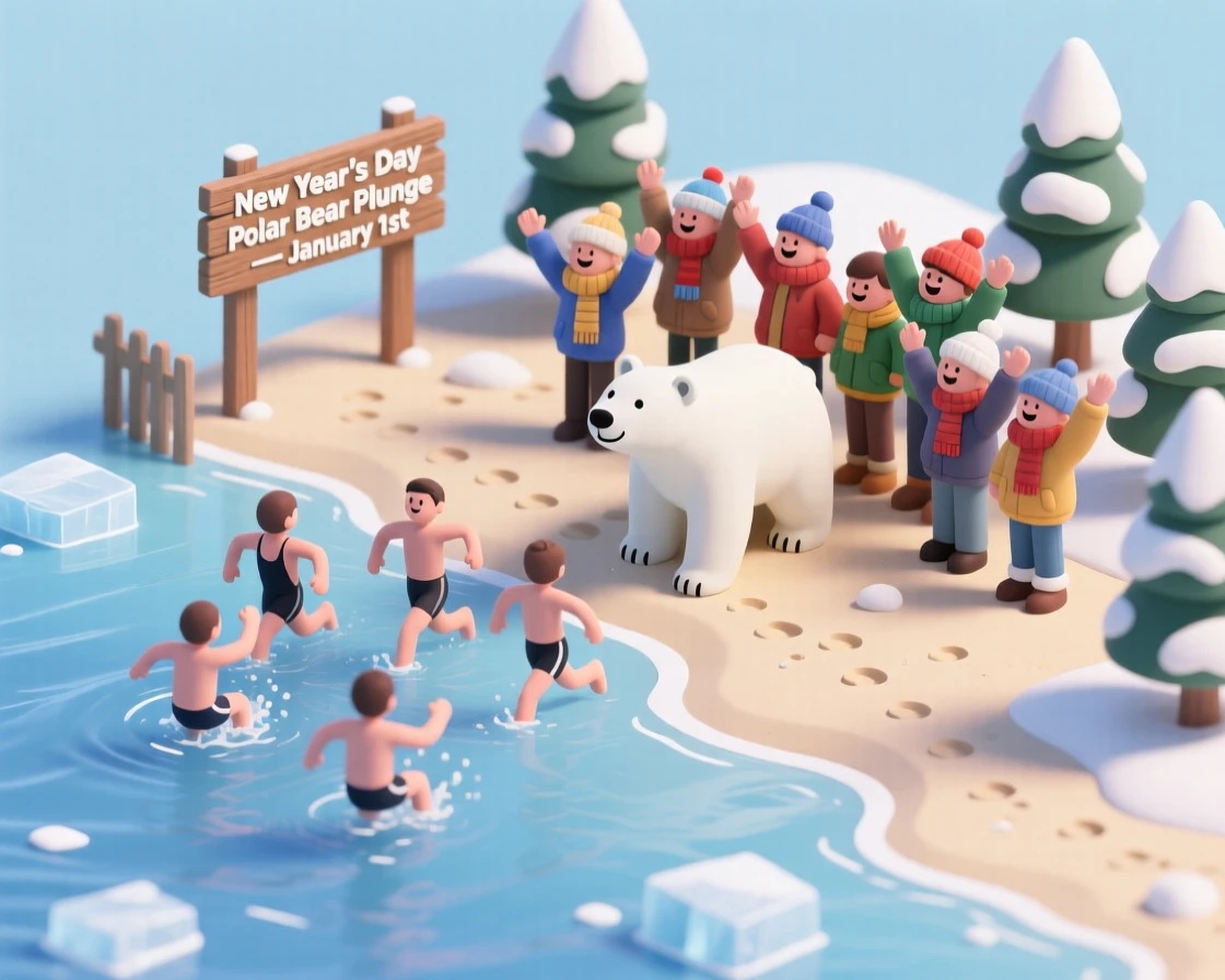 A New Year's Day polar bear plunge at a beach, bundled spectators cheering as brave swimmers dash into icy water.
