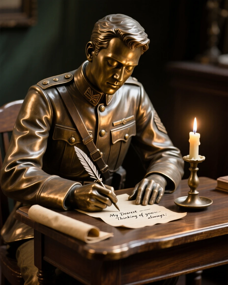A soldier writing a letter home by candlelight, with eyes closed in peaceful serenity, forming a strong central focal point