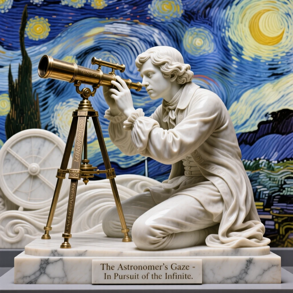 An evocative depiction of a young astronomer gazing through a telescope, under a brilliant, colorful sky, balancing detail with emotional depth