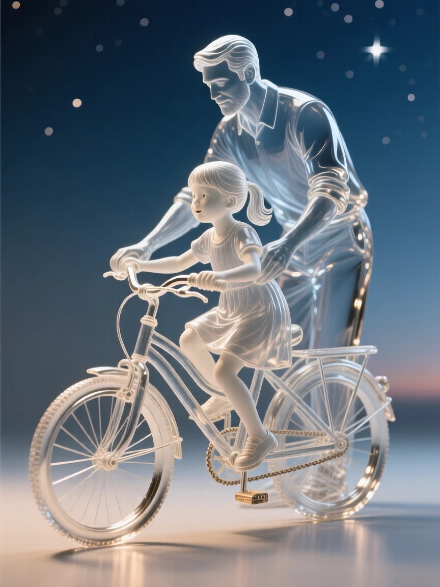 A father teaching his daughter to ride a bicycle for the first time as the first stars begin to appear overhead