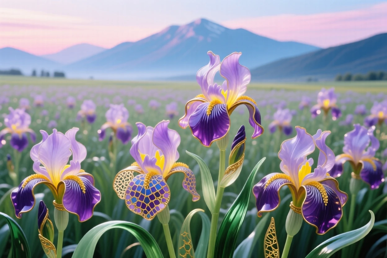 A field of blooming irises stretching toward a distant mountain range, elegant and expansive.