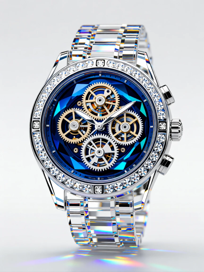 A designer wristwatch mechanism exposed, gears visible through a sapphire caseback.