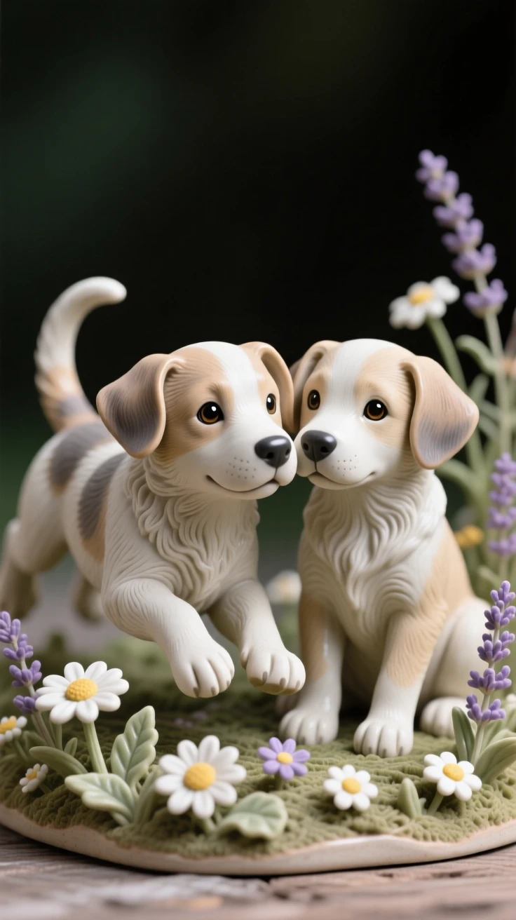 A puppy chasing its tail nuzzling gently against its companion, surrounded by wildflowers in soft bloom, conveying calm strength and quiet pride.