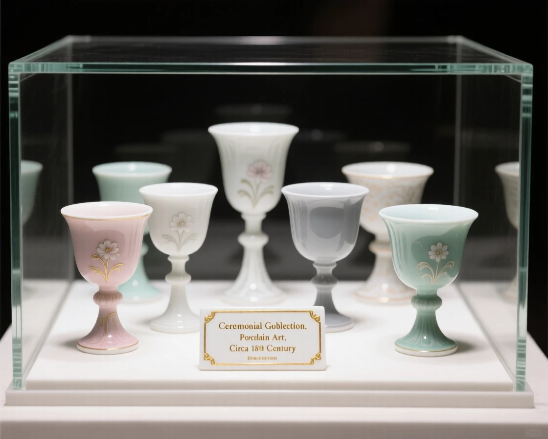 A collection of ceremonial goblets arranged in a glass display case, forming a harmonious, elegant composition.