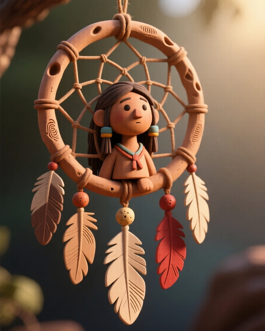 A traditional Native American dreamcatcher hanging in morning light