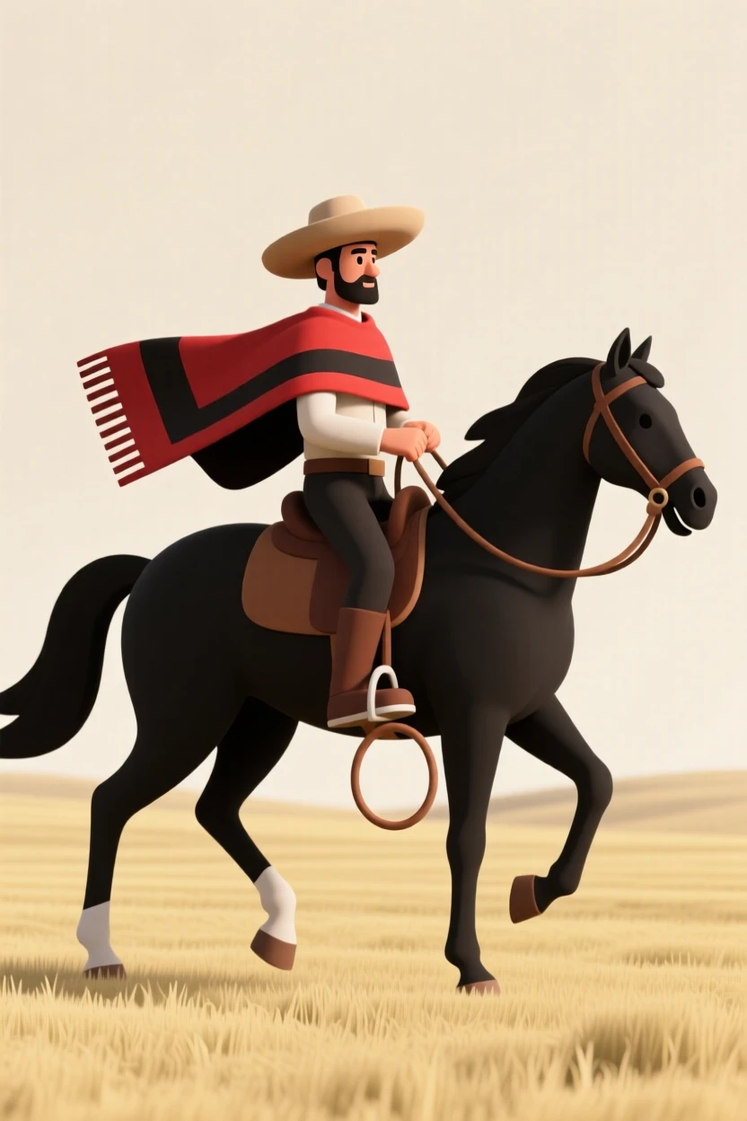 A proud Argentine gaucho rides across the open pampas, poncho flowing and lasso coiled at his side.