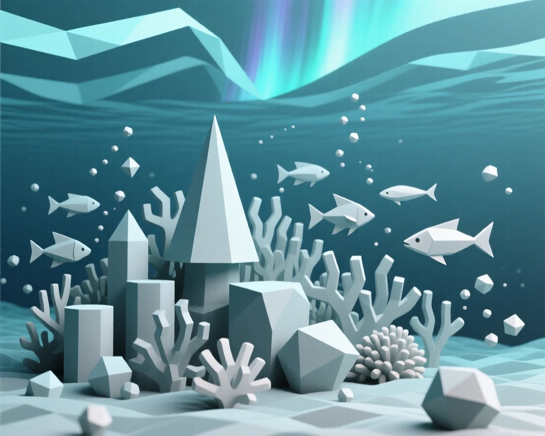 A glowing coral reef teeming with colorful fish, beneath shimmering auroras. fine particle detail adds texture to the vast space. It captures a feeling of peaceful isolation.