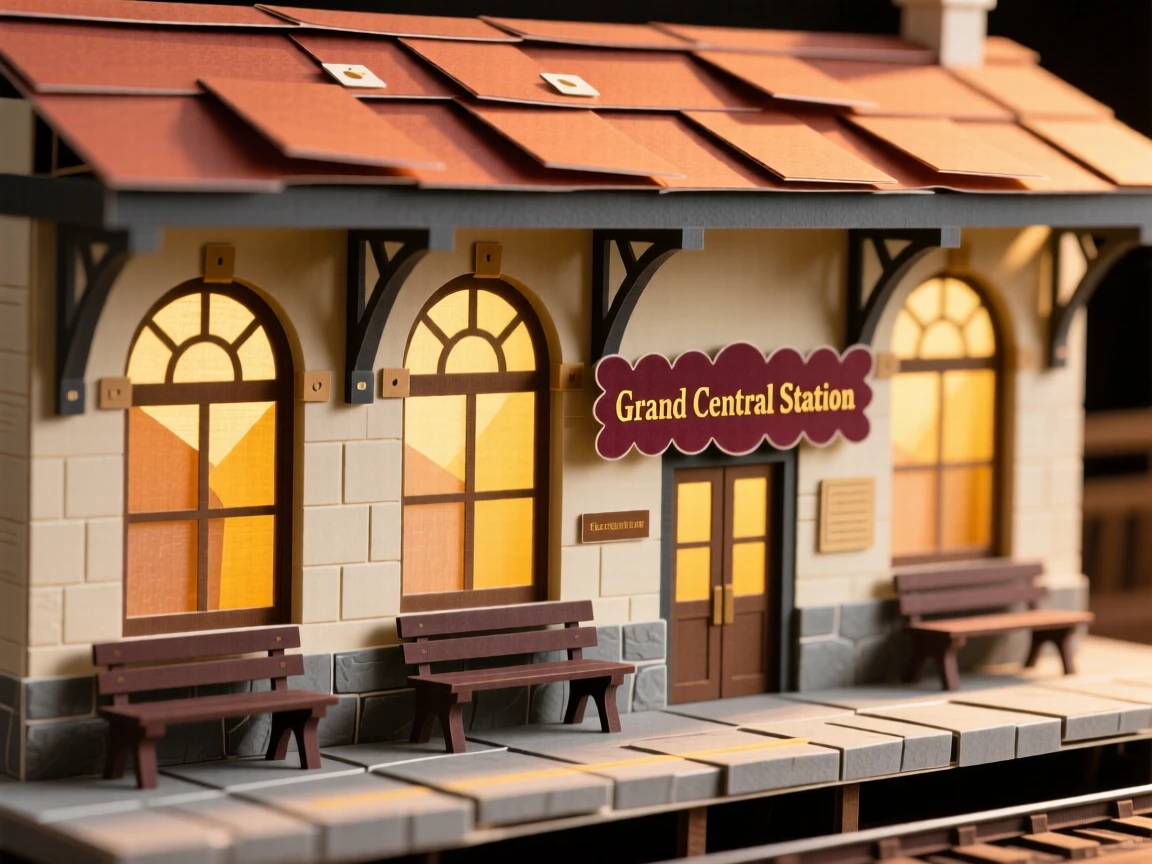 A historic iron-and-glass train station bathed in golden late-afternoon light, with tall arched windows framing the view, capturing a sense of awe and craftsmanship.