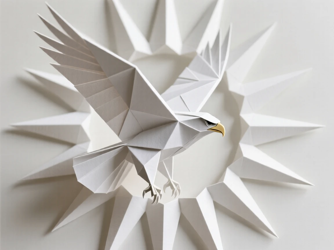 A stylized eagle in flight centered within a radiating sunburst frame.