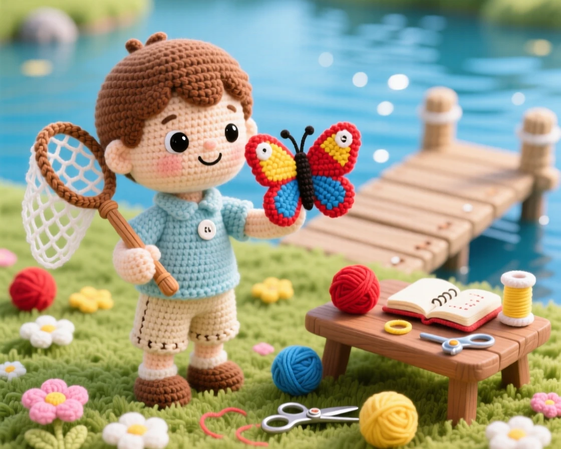 a small boy collecting butterflies with a net, in a sunny meadow, gently examining a colorful wing pattern, in a peaceful lakeside dock, with a scattering of craft supplies on the table, radiating cheerful curiosity and hands-on delight.