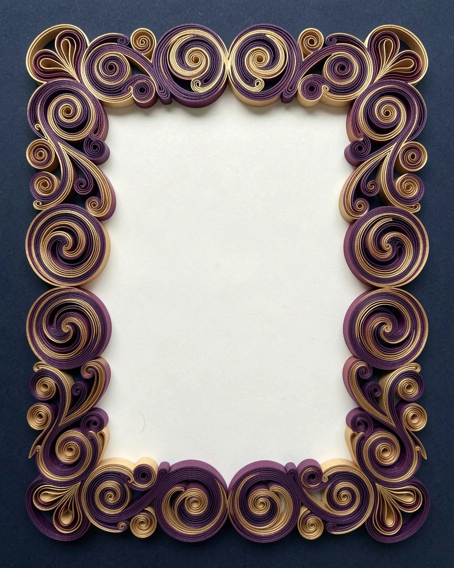 An elegant design featuring an elegant scrollwork border framing a blank center, built up in graduated layers of increasing size, in rich plum and antique gold hues, displayed against a deep navy backdrop.
