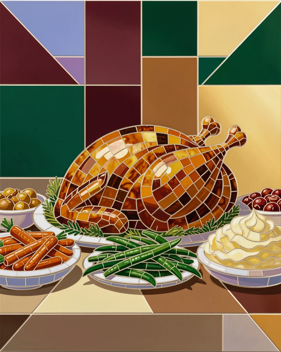 A close-up gourmet food photograph of a table set for a festive holiday feast with roasted turkey and sides, with rich color and inviting texture.