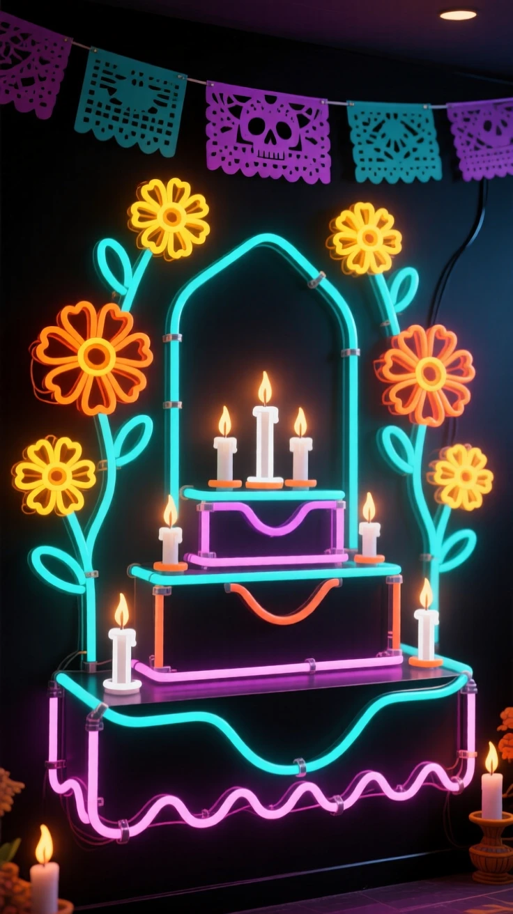 A Day of the Dead altar decorated with marigolds and candles.