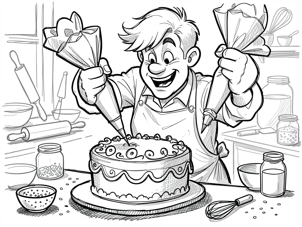 A baker decorating a cake with piping bags in a workshop filled with tools.