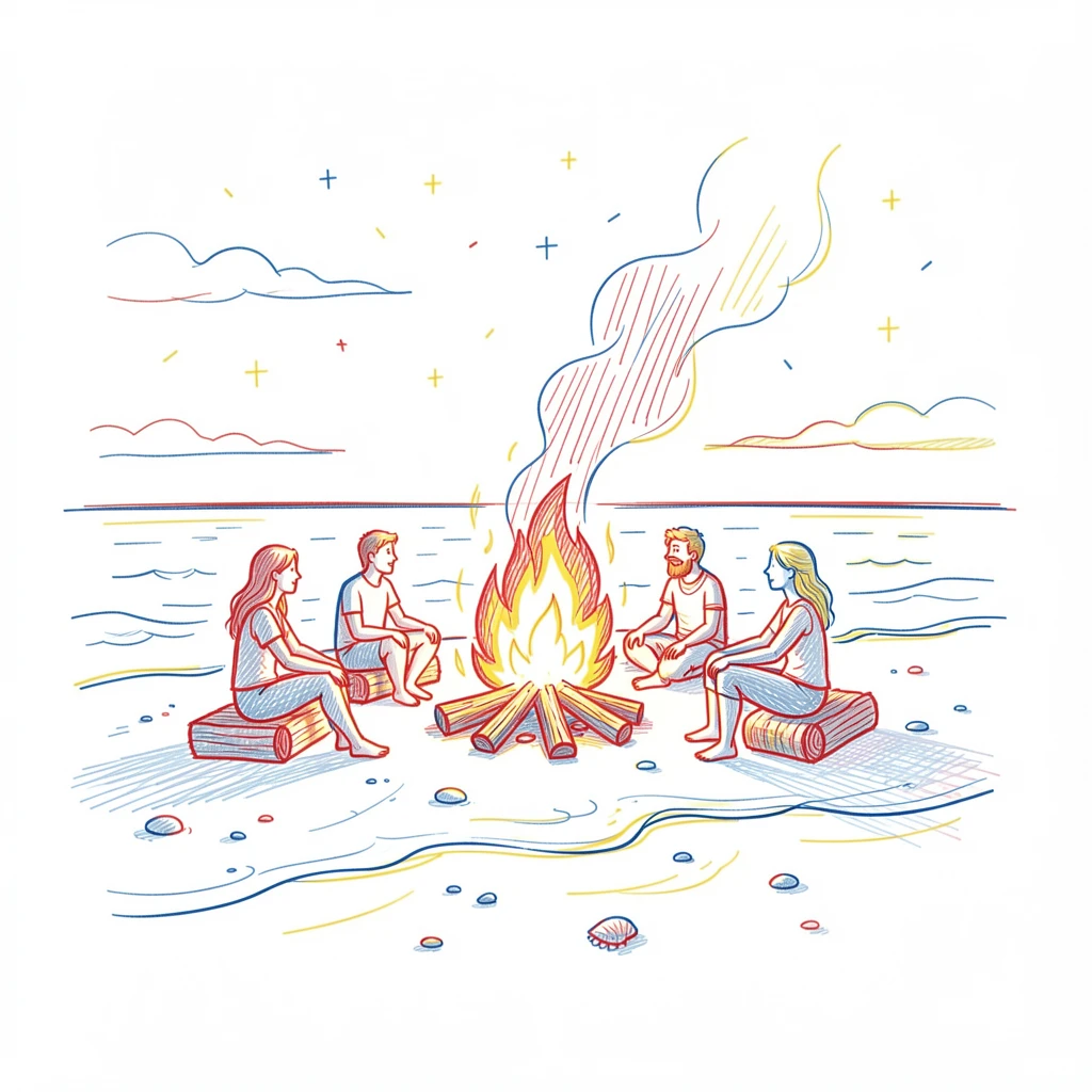 A summer solstice bonfire celebration on a beach at dusk